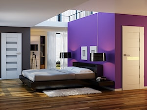 Drzwi wewnętrzne - Duża biała fioletowa szara sypialnia na antresoli - zdjęcie od POL-SKONE