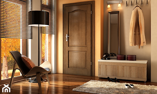 drzwi wewnętrzne POL-SKONE, pomarańczowe ściany, szary dywanik, lampa podłogowa z brązowym karniszem