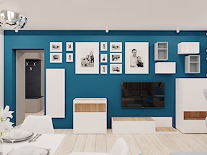 60 m² w Będzinie - Średnia biała niebieska jadalnia w salonie - zdjęcie od Piec Piąty