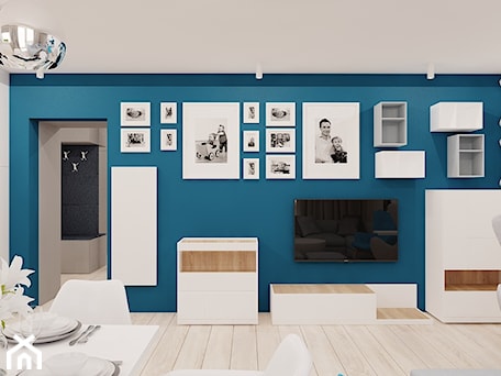 Aranżacje wnętrz - Jadalnia: 60 m² w Będzinie - Średnia biała niebieska jadalnia w salonie - Piec Piąty. Przeglądaj, dodawaj i zapisuj najlepsze zdjęcia, pomysły i inspiracje designerskie. W bazie mamy już prawie milion fotografii!
