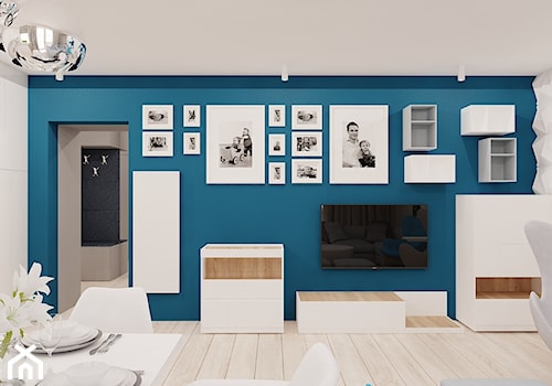 60 m² w Będzinie - Średnia biała niebieska jadalnia w salonie - zdjęcie od Piec Piąty