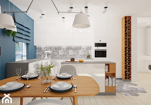 79 m² w Będzinie - Średnia biała niebieska jadalnia w kuchni - zdjęcie od Piec Piąty