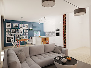 79 m² w Będzinie - Średni biały niebieski salon z kuchnią z jadalnią - zdjęcie od Piec Piąty