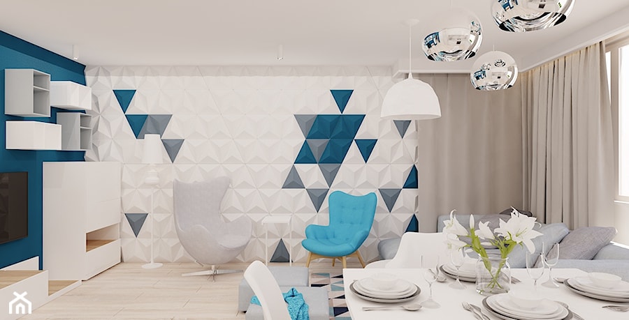 60 m² w Będzinie - Mały niebieski salon z jadalnią - zdjęcie od Piec Piąty