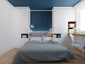 40 m² w Warszawie - Średnia biała niebieska z biurkiem sypialnia - zdjęcie od Piec Piąty