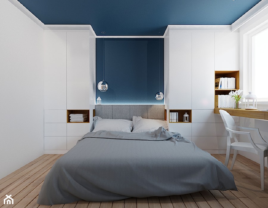 40 m² w Warszawie - Średnia biała niebieska z biurkiem sypialnia - zdjęcie od Piec Piąty