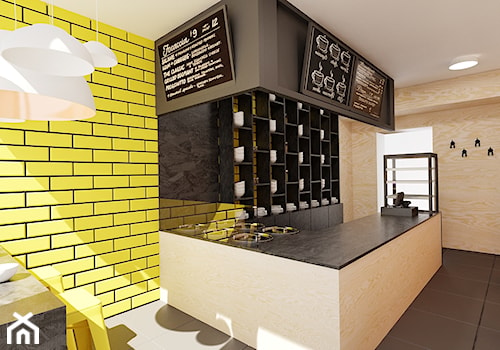 20 m² w Opolu - Średnia zamknięta z kamiennym blatem żółta z zabudowaną lodówką kuchnia w kształcie litery u z oknem - zdjęcie od Piec Piąty