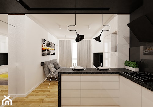 40 m² w Będzinie - Mała otwarta z salonem z kamiennym blatem beżowa z zabudowaną lodówką kuchnia w kształcie litery l z oknem - zdjęcie od Piec Piąty