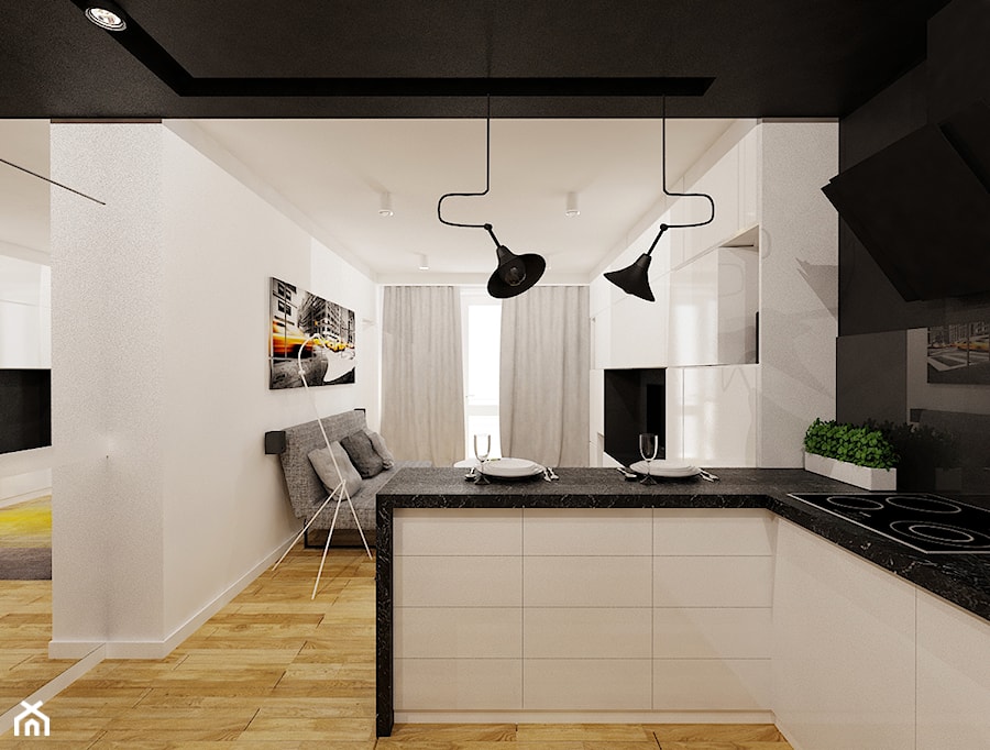 40 m² w Będzinie - Mała otwarta z salonem z kamiennym blatem beżowa z zabudowaną lodówką kuchnia w kształcie litery l z oknem - zdjęcie od Piec Piąty