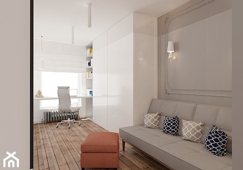 70 m² w Gdańsku - Średnie w osobnym pomieszczeniu z sofą z zabudowanym biurkiem białe brązowe szare biuro - zdjęcie od Piec Piąty