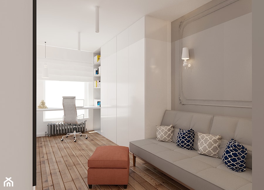 70 m² w Gdańsku - Średnie w osobnym pomieszczeniu z sofą z zabudowanym biurkiem białe brązowe szare biuro - zdjęcie od Piec Piąty
