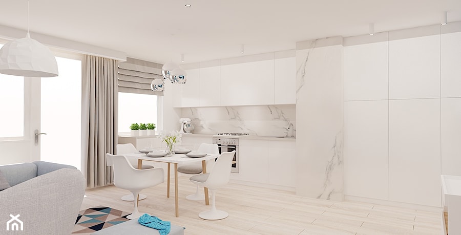 60 m² w Będzinie - Średnia biała jadalnia w salonie w kuchni - zdjęcie od Piec Piąty