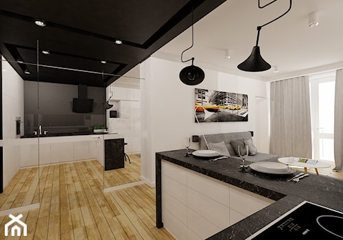 40 m² w Będzinie - Średnia otwarta z salonem z kamiennym blatem czarna z zabudowaną lodówką kuchnia w kształcie litery u z kompozytem na ścianie nad blatem kuchennym - zdjęcie od Piec Piąty