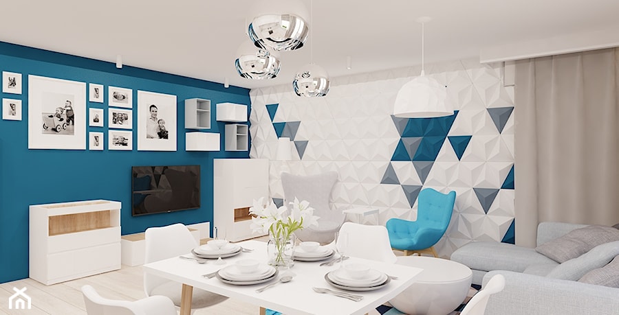 60 m² w Będzinie - Średni niebieski salon z jadalnią - zdjęcie od Piec Piąty