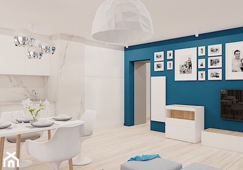 60 m² w Będzinie - Duża niebieska szara jadalnia w salonie w kuchni - zdjęcie od Piec Piąty