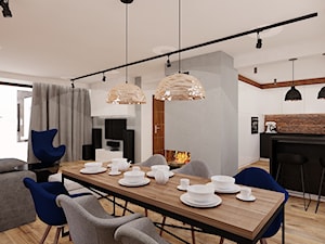 70 m² w Imielinie - Duża biała szara jadalnia w salonie w kuchni - zdjęcie od Piec Piąty
