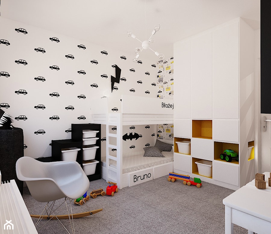 60 m² w Będzinie - Średni biały czarny pokój dziecka dla dziecka dla nastolatka dla chłopca dla dziewczynki dla rodzeństwa - zdjęcie od Piec Piąty