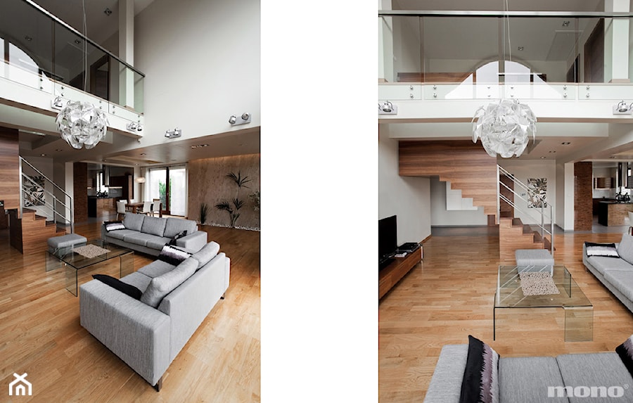 Projekt wnętrz w Lędzinach - Duży beżowy biały salon z kuchnią z tarasem / balkonem z antresolą, styl nowoczesny - zdjęcie od MONO architektura wnętrz Katowice