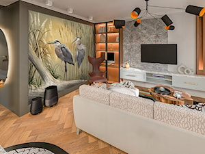 Przytulny salon z fototapetą Heron - zdjęcie od livingstyle
