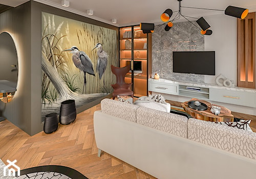 Przytulny salon z fototapetą Heron - zdjęcie od livingstyle