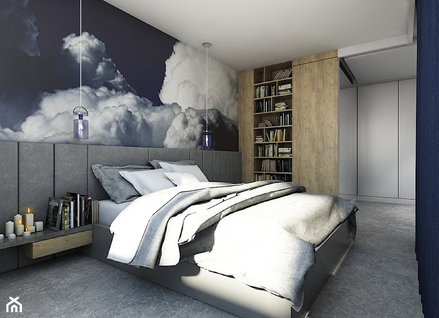 Apartament z antresolą na Wiczlinie - Średnia niebieska szara sypialnia, styl nowoczesny - zdjęcie od studiokreatura