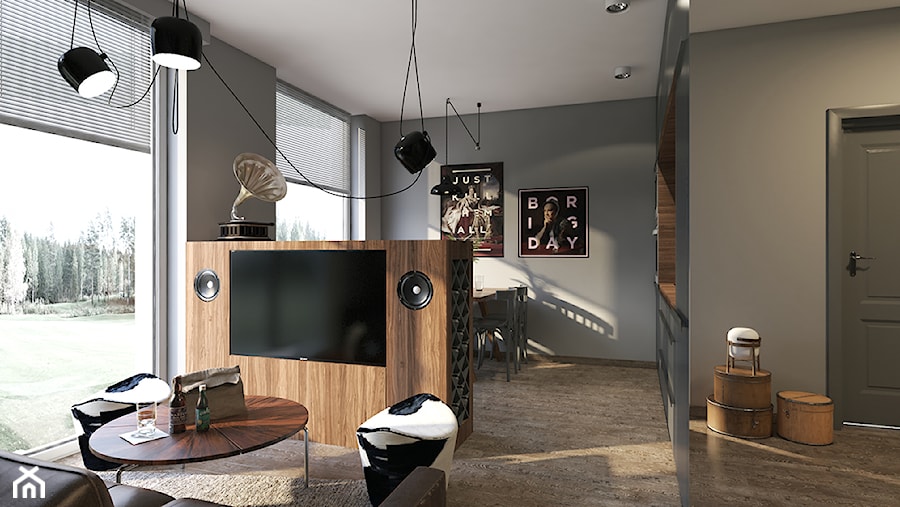 Jaskinia lwa, czyli męski apartament - Mały szary salon z kuchnią z jadalnią, styl nowoczesny - zdjęcie od studiokreatura