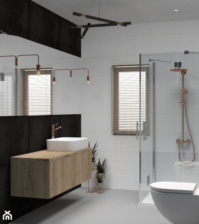 Łazienka z elementami miedzi - Średnia z lustrem z punktowym oświetleniem łazienka z oknem, styl nowoczesny - zdjęcie od IDE studio