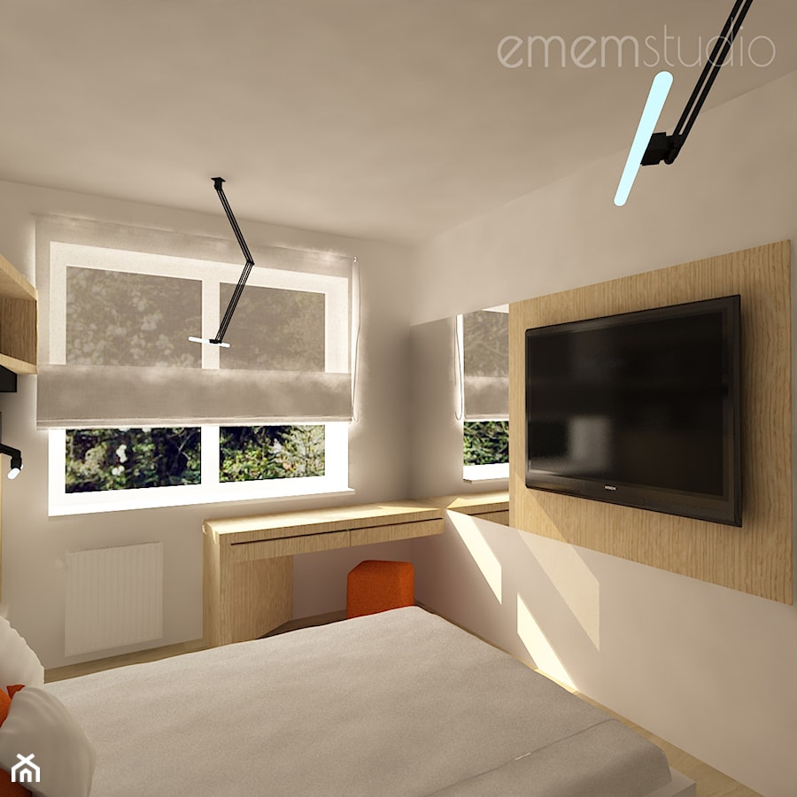 Projekt wnętrz - Dąbrówka - Mała beżowa z biurkiem sypialnia, styl nowoczesny - zdjęcie od emem Studio