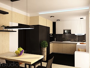 Projekt wnętrz - Dąbrówka - Mały biały salon z kuchnią z jadalnią, styl nowoczesny - zdjęcie od emem Studio