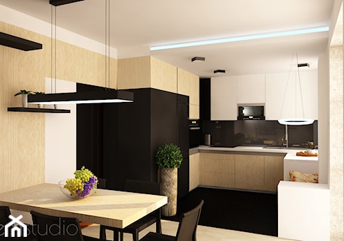 Projekt wnętrz - Dąbrówka - Mały biały salon z kuchnią z jadalnią, styl nowoczesny - zdjęcie od emem Studio