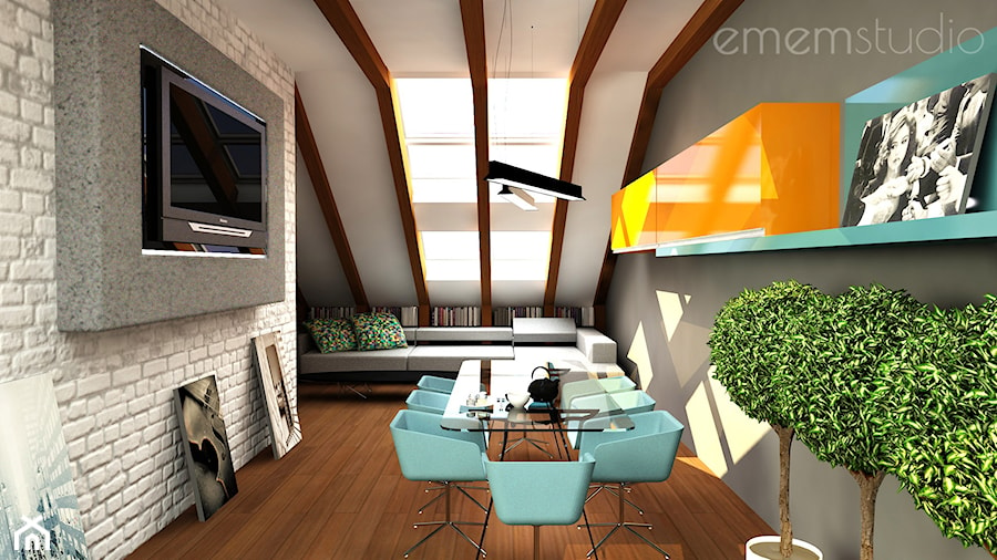 Projekt poddasza - Średnia szara jadalnia w salonie, styl nowoczesny - zdjęcie od emem Studio