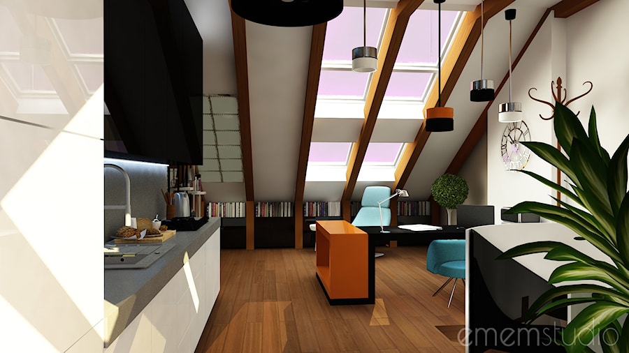 Projekt poddasza - Duże w osobnym pomieszczeniu z sofą szare biuro, styl nowoczesny - zdjęcie od emem Studio