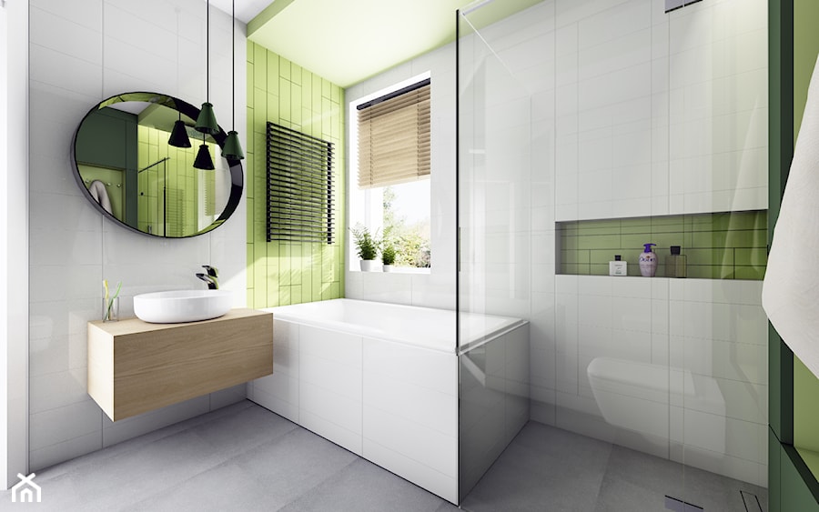 Projekt łazienki w kolorze pistacji - Średnia z lustrem łazienka z oknem, styl nowoczesny - zdjęcie od Offa Studio