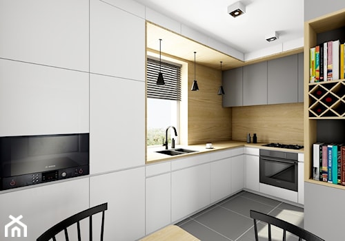 Projekt kuchni dwa warianty kolorystyczne - Średnia zamknięta z zabudowaną lodówką z nablatowym zlewozmywakiem kuchnia w kształcie litery l z oknem, styl nowoczesny - zdjęcie od Offa Studio