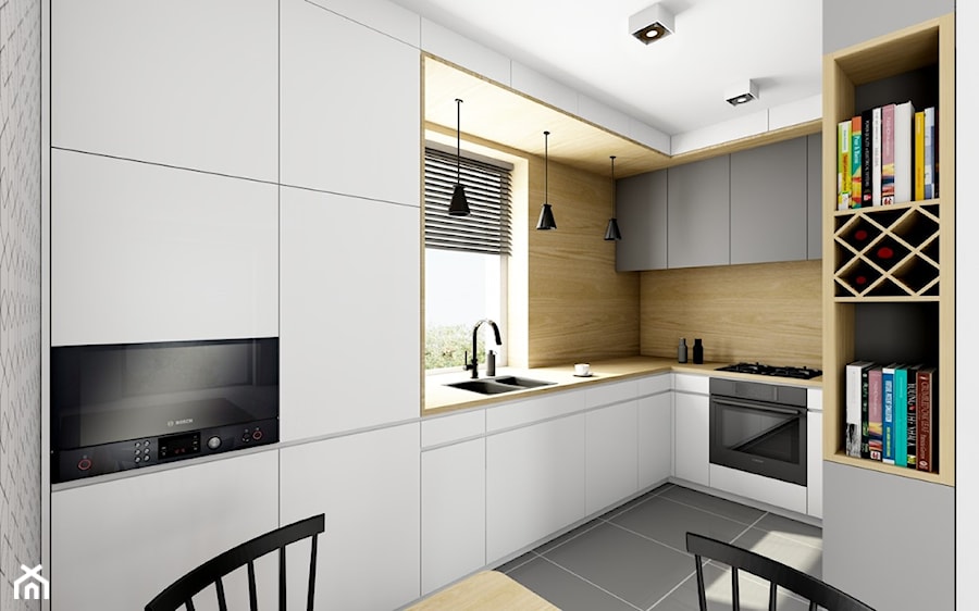 Projekt kuchni dwa warianty kolorystyczne - Średnia zamknięta z zabudowaną lodówką z nablatowym zlewozmywakiem kuchnia w kształcie litery l z oknem, styl nowoczesny - zdjęcie od Offa Studio