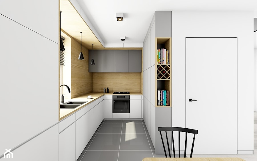 Projekt kuchni dwa warianty kolorystyczne - Średnia otwarta biała z zabudowaną lodówką z nablatowym zlewozmywakiem kuchnia w kształcie litery u z oknem, styl nowoczesny - zdjęcie od Offa Studio