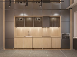 KAT_04 - Średnia otwarta szara z zabudowaną lodówką z podblatowym zlewozmywakiem kuchnia jednorzędowa z oknem, styl nowoczesny - zdjęcie od InSign Aranżacje