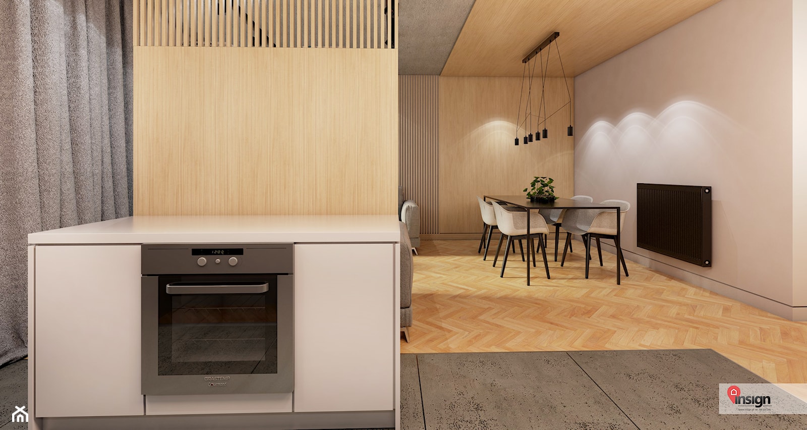 KAT_04 - Mała otwarta z salonem z kamiennym blatem beżowa z zabudowaną lodówką kuchnia jednorzędowa z wyspą lub półwyspem z oknem, styl nowoczesny - zdjęcie od InSign Aranżacje - Homebook
