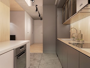 KAT_04 - Średnia otwarta szara z zabudowaną lodówką z nablatowym zlewozmywakiem kuchnia jednorzędowa, styl nowoczesny - zdjęcie od InSign Aranżacje