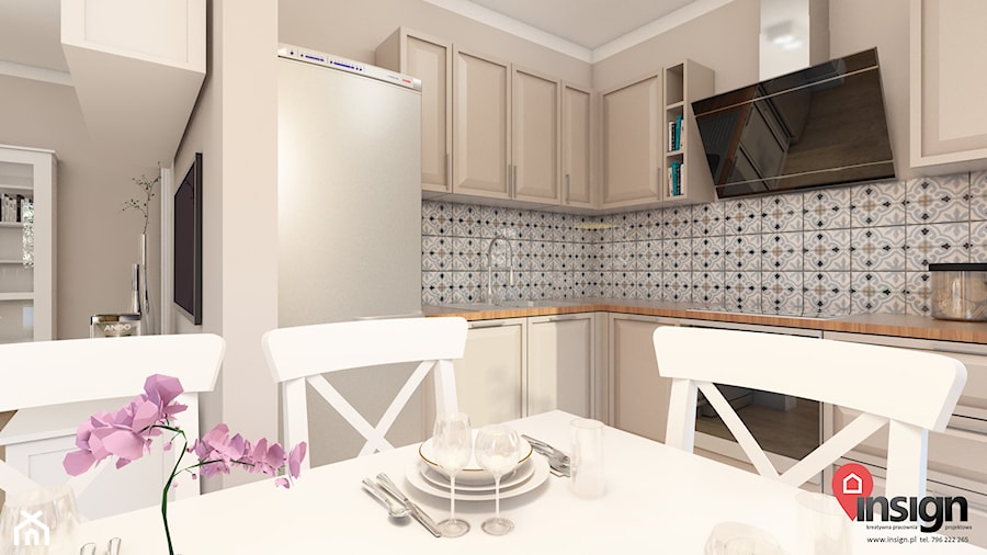 Ryb_02 - Średnia otwarta z salonem szara z zabudowaną lodówką z nablatowym zlewozmywakiem kuchnia w kształcie litery l, styl rustykalny - zdjęcie od InSign Aranżacje
