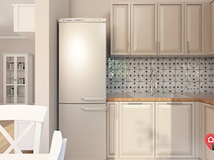Ryb_02 - Mała otwarta z salonem szara z zabudowaną lodówką z lodówką wolnostojącą z nablatowym zlewozmywakiem kuchnia w kształcie litery l, styl rustykalny - zdjęcie od InSign Aranżacje