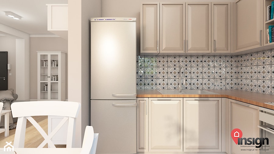 Ryb_02 - Mała otwarta z salonem szara z zabudowaną lodówką z lodówką wolnostojącą z nablatowym zlewozmywakiem kuchnia w kształcie litery l, styl rustykalny - zdjęcie od InSign Aranżacje