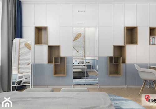 GLI_01 - Średnia biała niebieska z biurkiem sypialnia, styl nowoczesny - zdjęcie od InSign Aranżacje