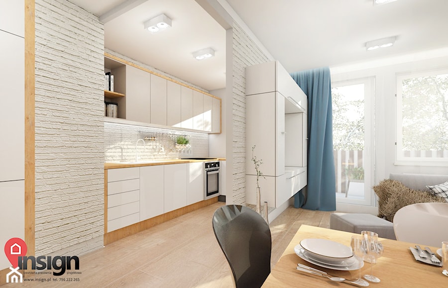 RuSL_03 - Mały biały salon z kuchnią z jadalnią, styl skandynawski - zdjęcie od InSign Aranżacje
