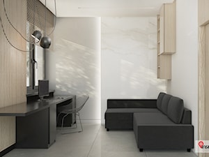 WAR_01 - Małe w osobnym pomieszczeniu z sofą z zabudowanym biurkiem białe biuro, styl nowoczesny - zdjęcie od InSign Aranżacje