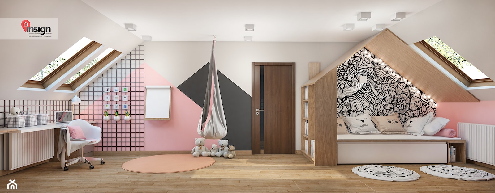 Sos_01 - Duży czarny różowy szary pokój dziecka dla nastolatka dla dziewczynki, styl nowoczesny - zdjęcie od InSign Aranżacje - Homebook