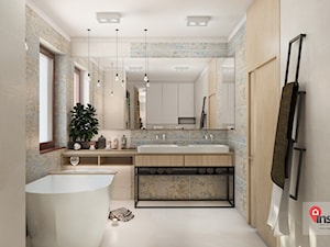 Cz_02 - Średnia na poddaszu z dwoma umywalkami z marmurową podłogą łazienka z oknem, styl nowoczesny - zdjęcie od InSign Aranżacje