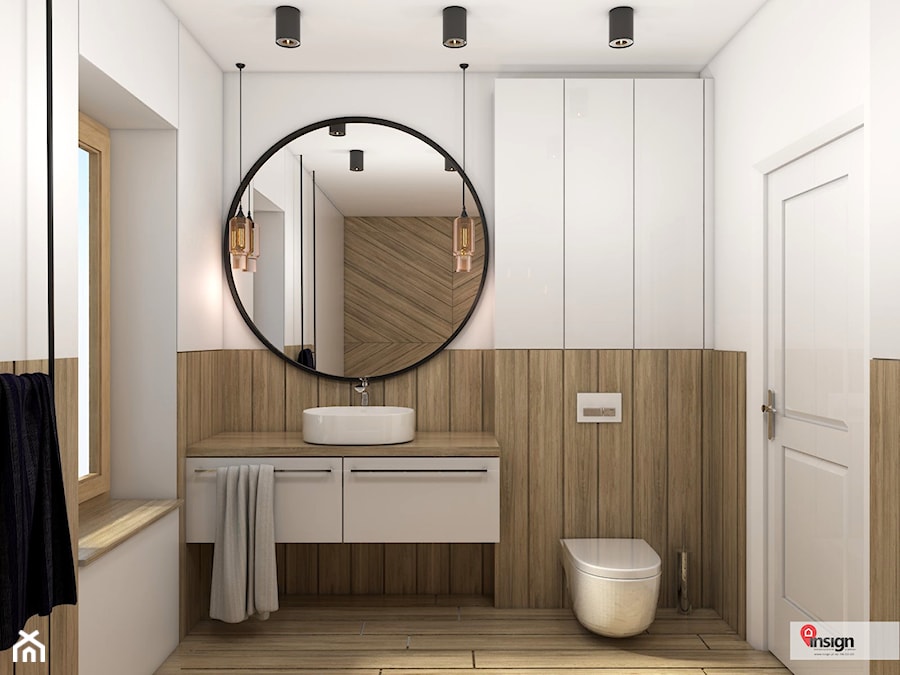 Wy_01 - Mała z lustrem z punktowym oświetleniem łazienka z oknem, styl industrialny - zdjęcie od InSign Aranżacje