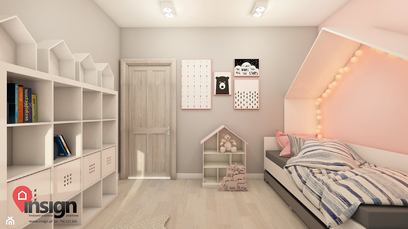 Cz_01 pokój młodszej siostry - Średni różowy szary pokój dziecka dla nastolatka dla dziewczynki, styl nowoczesny - zdjęcie od InSign Aranżacje - Homebook