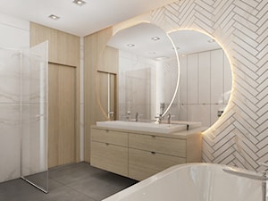 WAR_01 - Średnia na poddaszu z lustrem z dwoma umywalkami łazienka z oknem, styl nowoczesny - zdjęcie od InSign Aranżacje